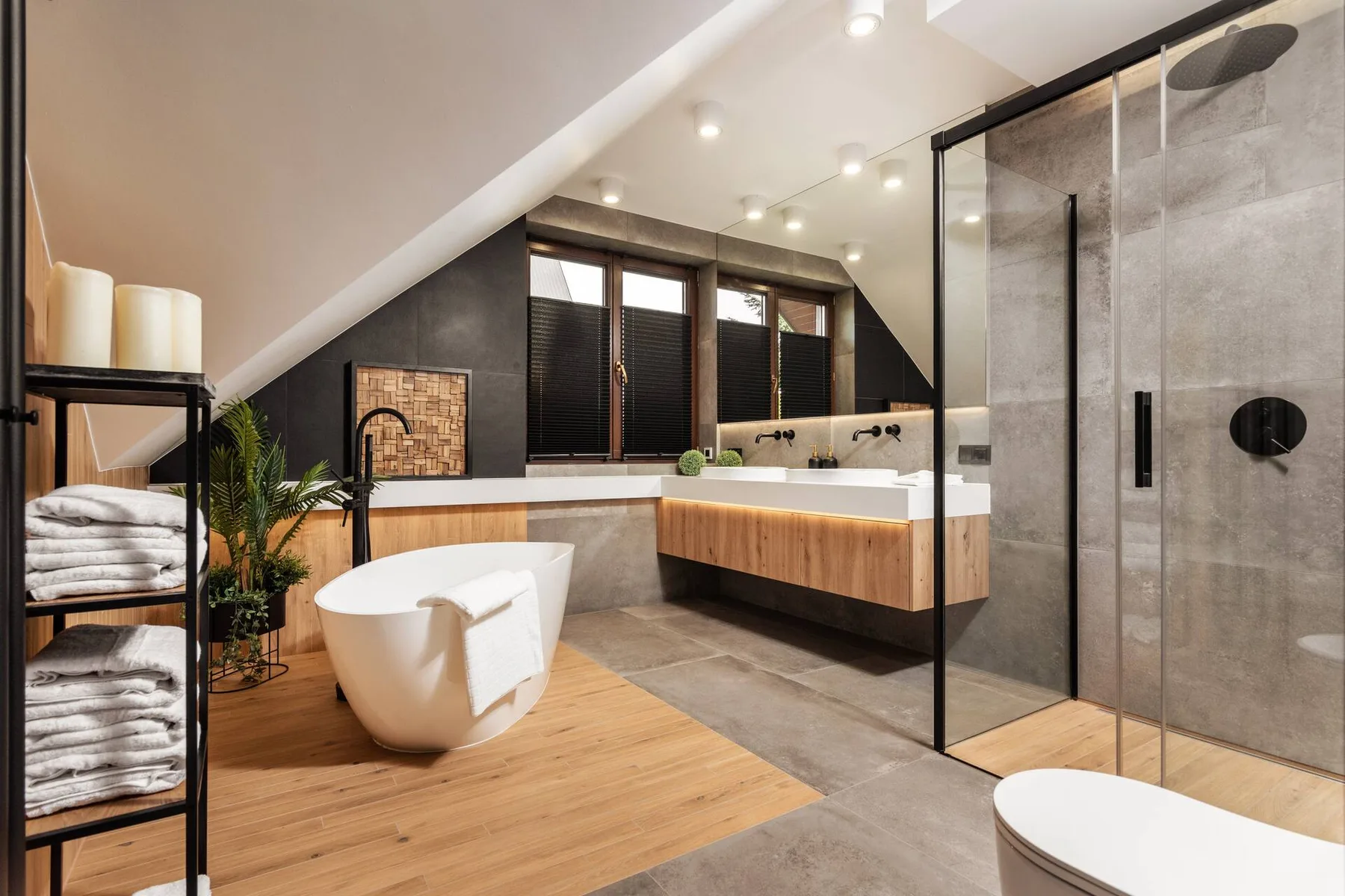Bathroom with freestanding bathtub and walk-in shower